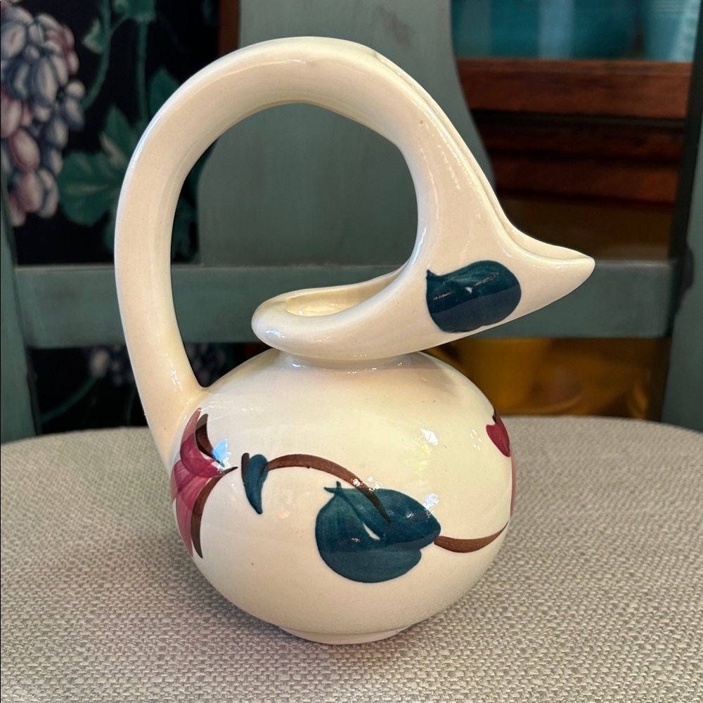 Purinton Pottery Slip Ware Honey/Syrup Jug Hand Painted Ivy Red Blossom Pattern
